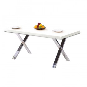 Masa de bucatarie dining, MDF alb lucios, picioare crom, Ansel, 160x90x76 cm
